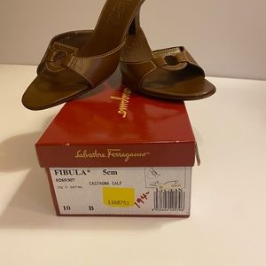 Salvatore Ferragamo Brown Calfskin Open Toe Low Heel Shoe.  Size 10 B